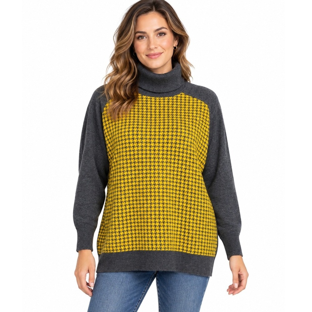 Liz Claiborne Womens Grey Yellow Houndstooth Turtleneck Sweater | Large